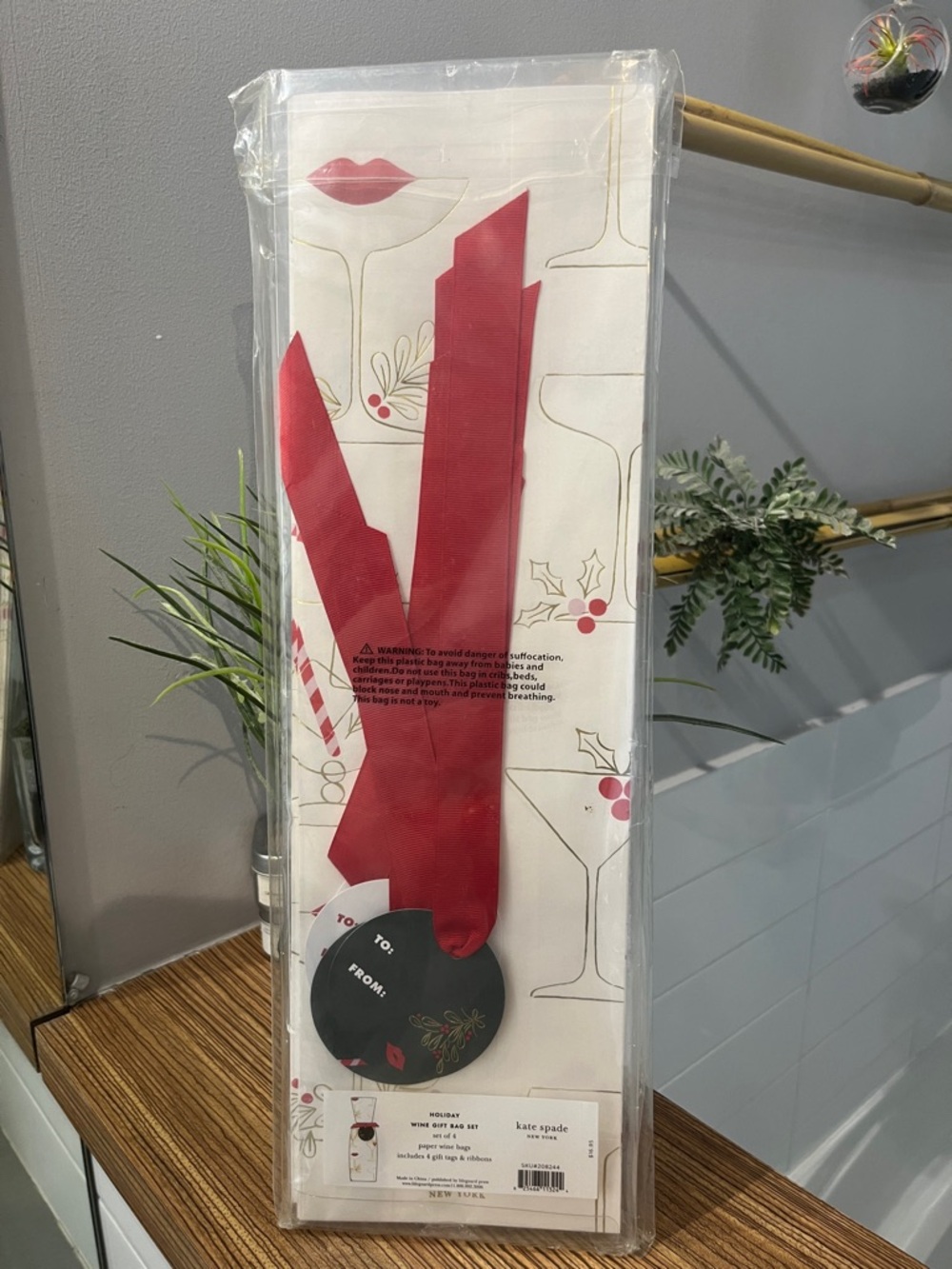 kate Spade White Wine Gift Bag with Red Ribbon and Festive Print